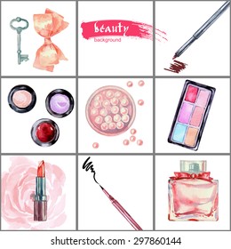 Watercolor  cosmetics background  with   make up artist objects: eyeshadow, blush, eyeliner, lipstick, perfume, the key, pink bow.  Vector illustration.