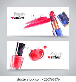 Watercolor cosmetics banner set. Vector beauty illustration