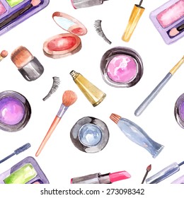 Watercolor Cosmetics Pattern, Beautiful Seamless Illustration Over White, Vector