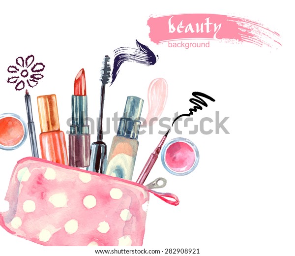 Watercolor cosmetics pattern. with \
cosmetic bag and  make up artist objects: lipstick, eye shadows,\
eyeliner, concealer, nail polish. Vector\
illustration.