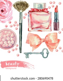 Watercolor cosmetics pattern. Hand painted seamless texture with make up artist objects: lipstick, blush, bow, key, perfumes,  brushes. Vector beauty background.