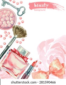 Watercolor cosmetics pattern. Hand painted seamless texture with make up artist objects: lipstick, blush, bow, key, brushes. Vector beauty background