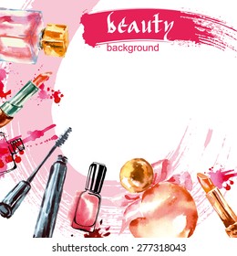 Watercolor cosmetics pattern  with make up artist objects: lipstick,  nail, perfumes, mascara . Hand drawn Vector beauty background.