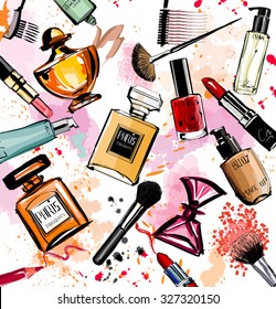 Watercolor cosmetics and perfumes collection - Vector illustration