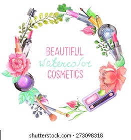 Watercolor Cosmetics Set, Beautiful Wreath With Flowers Over White, Vector