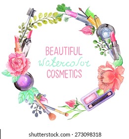 Watercolor cosmetics set, beautiful wreath with flowers over white, Vector