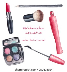 Aquarell-Kosmetikset. Handgemalte Künstlerobjekte: Lippenstift, Augenschatten, Bürsten, Mascara, Augenlider. Illustrationen für einzelne Vektorgrafiken