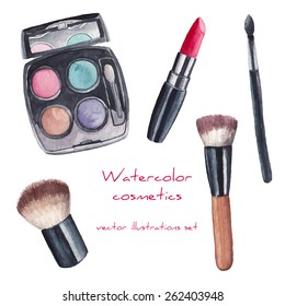 Watercolor cosmetics set. Hand painted make up artist objects: lipstick, eye shadows, brushes. Vector isolated beauty illustrations