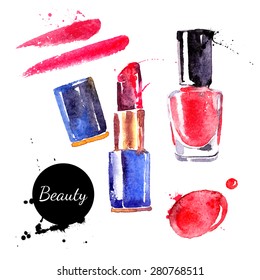 Watercolor cosmetics set. Hand painted make up objects: lipstic and nail polish. Vector beauty illustration