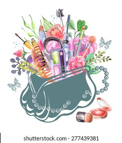 Watercolor cosmetics set with woman bag and flowers