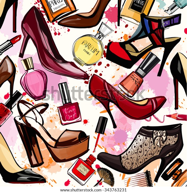 Watercolor Cosmetics Shoes Collection Vector Illustration Stok Vektör