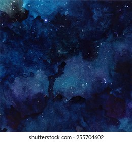 Watercolor cosmic texture with glowing stars. Night starry sky with paint strokes and swashes. Vector astronomy illustration.