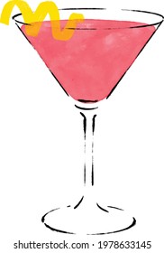 Watercolor Cosmopolitan cocktail drink illustration with lemon twist, isolated vector on white background