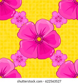 Watercolor cosmos flowers seamless pattern on a yellow background. Vector romantic background for web pages, wedding invitations, textile, wallpaper.