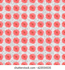 Watercolor cosmos flowers seamless pattern on a gray background. Vector romantic background for web pages, wedding invitations, textile, wallpaper.