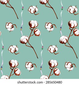 Watercolor Cotton Plant &  Beaded Ribbon Seamless Pattern On Blue Green Background. Watercolor Texture. Cloth & Rug Design. Brown, Pink, White &  Blue Green Vector Backdrop. Boho Style.