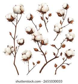 Planta de algodão aquarela ramos em fundo branco, perfeito para impressões botânicas, decoração de casa, projetos de papelaria eco-friendly e convites de casamento rústico.