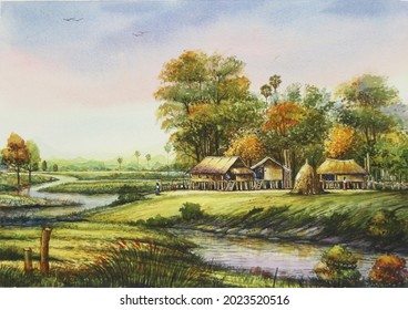 watercolor countryside landscape background. Thailand watercolor painting.