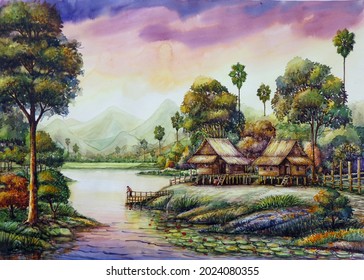 watercolor countryside landscape background. Thailand watercolor painting.