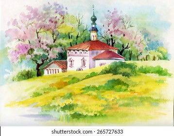 Watercolor countryside landscape with church vector illustration