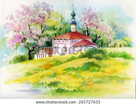 Watercolor countryside landscape with church vector illustration