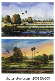 watercolor countryside landscape.hand drawing watercolor illustration. Thailand watercolor painting background.