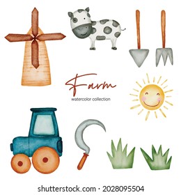 Watercolor countryside object asset. Baby toy stuffs set of windmills, cows, shovels, sun, plows, sickles, clumps of grass, it soft, sterile, chemical-free, using natural fibers. safe for children.