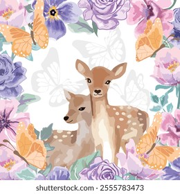 Watercolor a couple deer and butterfly in flower frame 