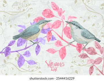 watercolor couple of little birds sitting on colorful leafy twigs and looking at each other against grunge grey background with floral ornament. vector watercolour painting card valentines day