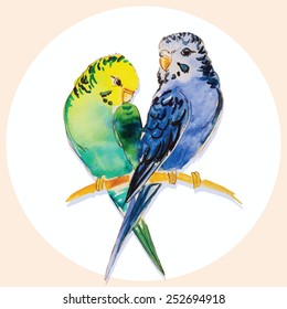 Watercolor couple parrots green and blue