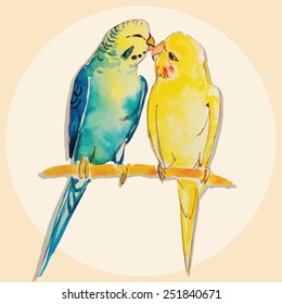 Watercolor couple parrots green and yellow
