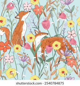 Watercolor a couple wolf fox in flower forest seamless pattern