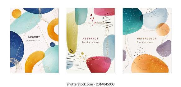 Watercolor covers with abstract design, blob and brush composition with inscriptions. Geometric forms with gold and lotter. Poster set, invitation cards or luxurious postcards. Flat cartoon vector