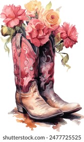 Watercolor Cowboy Boots Western vector Illustration	