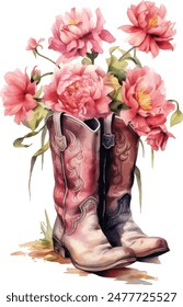 Watercolor Cowboy Boots Western vector Illustration	