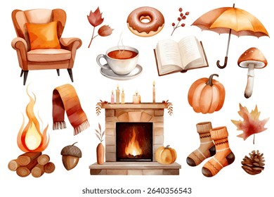 Watercolor cozy autumn set with tea, socks, pumpkin, book, chair, leaves, scarf and fireplace. Hand drawn illustration