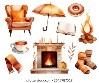 Watercolor cozy autumn set with tea, socks, book, chair, scarf and fireplace. Hand drawn fall illustration