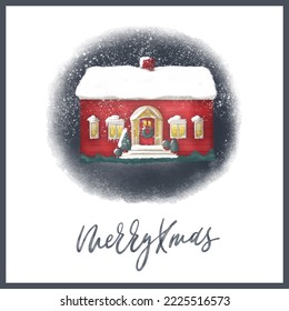 Watercolor cozy Christmas card with house, light bulb decoration with snow falling on watercolor paper background. Vector Merry Xmas greeting card of farm house and calligraphy