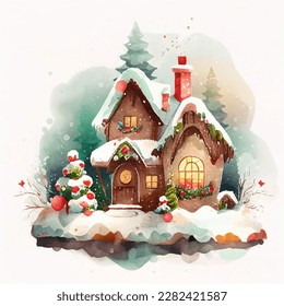 Watercolor cozy little house in winter scene vector illustration, merry christmas postcard design, seasonal new year greetings