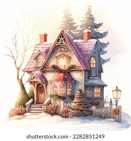 Watercolor cozy little house in winter scene vector illustration, merry christmas postcard design, seasonal new year greetings