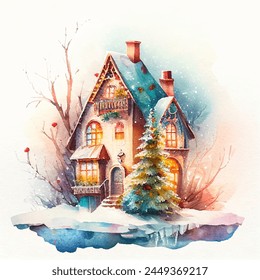 Watercolor cozy little house in winter scene vector illustration, merry christmas postcard design, seasonal new year greetings