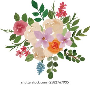 watercolor cream peony, purple flower, rose and orange ranunculus bouquet 