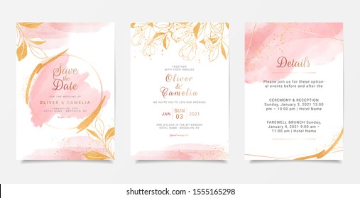 Planta de tarjeta de invitación de boda cremosa color agua con decoración floral dorada. Guardar fondo abstracto guardar la fecha, invitación, tarjeta de felicitación, vector multipropósito