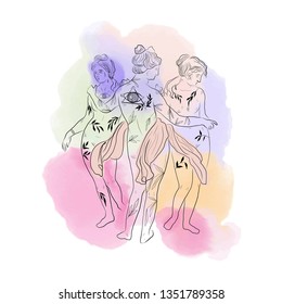 Watercolor creative collage with marble statue of greek goddesses with tattoos. 