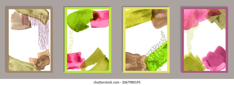 Juego de vectores de cubiertas creativas de acuarela. Patrones de manchas acuáticas. Diseño de estilo de los años 50. Estilosas plantillas de decoración casera. Elementos resquebrajadores.