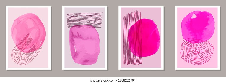 Watercolor creative postcards vector collection. Watercolor blots shapes. Chinese style prints. Cool artwork templates. Doodle elements.