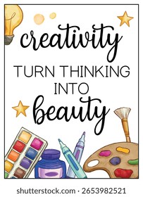 Watercolor Creativity Poster with Inspirational Quote and Art Supplies Illustration

