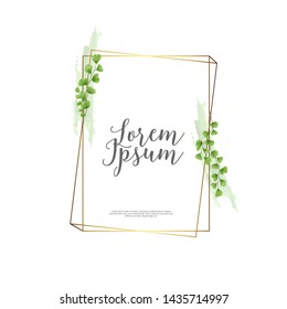 watercolor creeping fern foliage with gold frame cover, invitation, letter, banner template layout