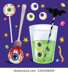 Watercolor creepy Halloween eyeball desserts set. eyeball lollipop and drink. Halloween celebration sweets and drinks