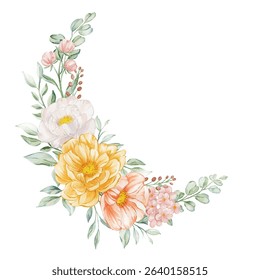 Watercolor Crescent Floral Arrangement: Peach, Yellow, and White Peonies with Greenery